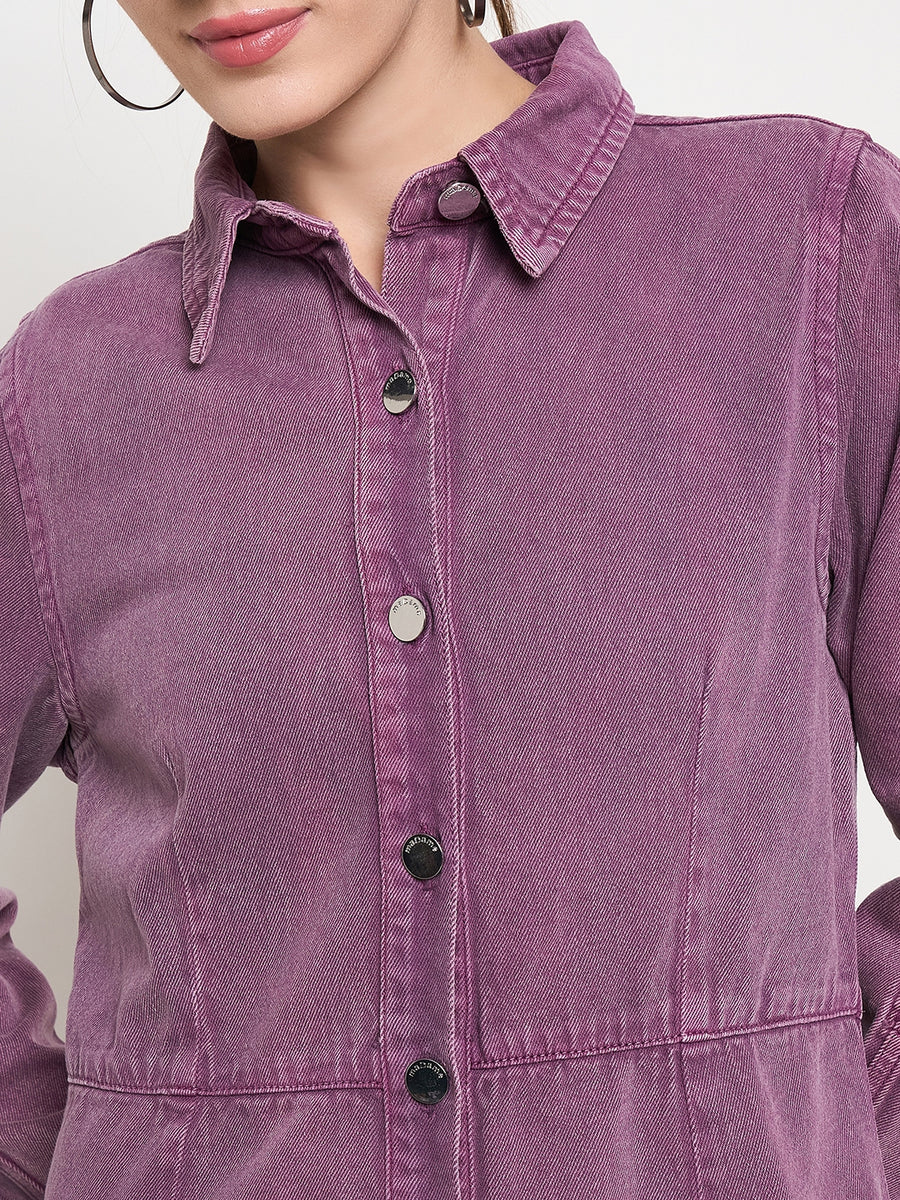 Madame Buttoned Plum Cotton Shirt Dress