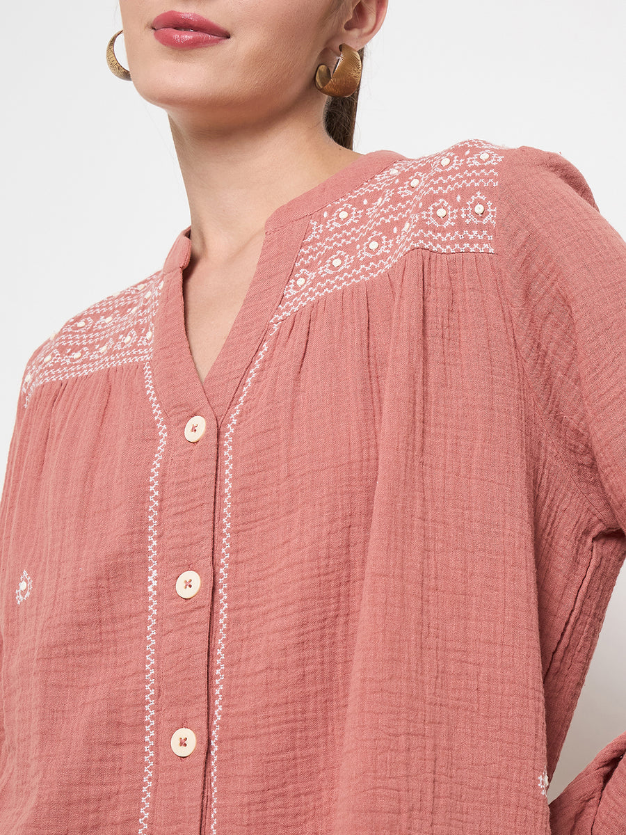 Madame Cotton Embroidery Detailed Rust Red Top