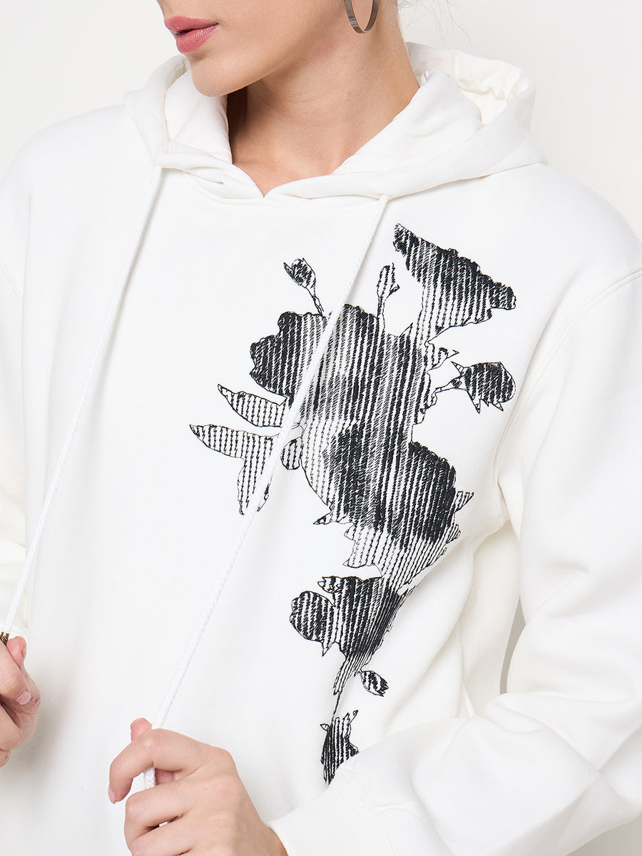 Madame Floral Print Adorned Cotton Blend White Sweatshirt