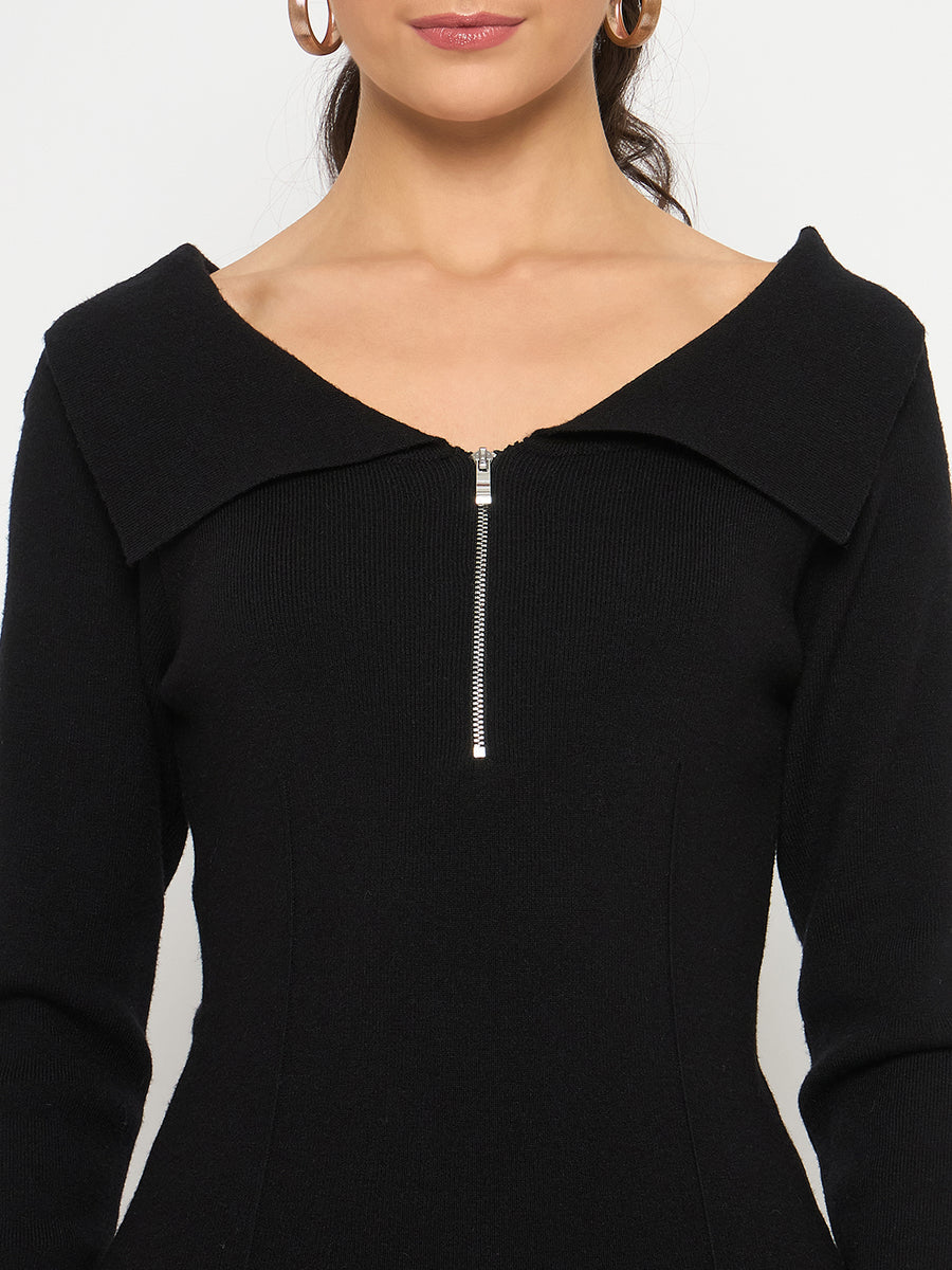 Madame Viscose Blend Open Shoulder With Zip Black Top