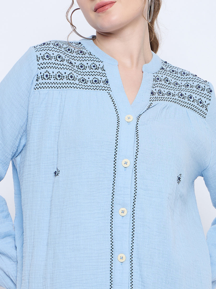 Madame Cotton Embroidery Detailed Sky Blue Top