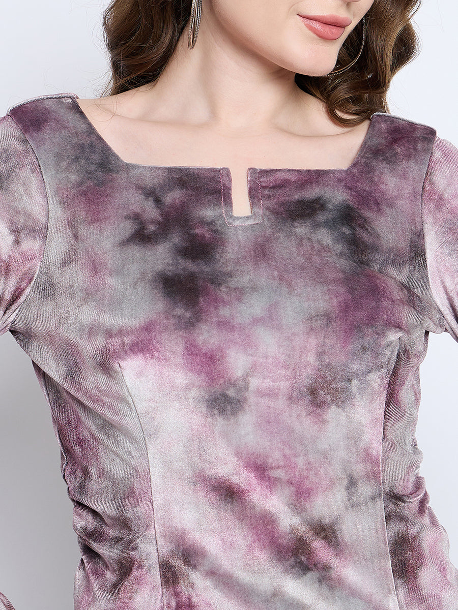 Madame Square Keyhole Neck Abstract Print Plum Top