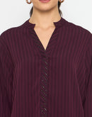 Madame Embellished Striped Cuff Sleeved Plum Top