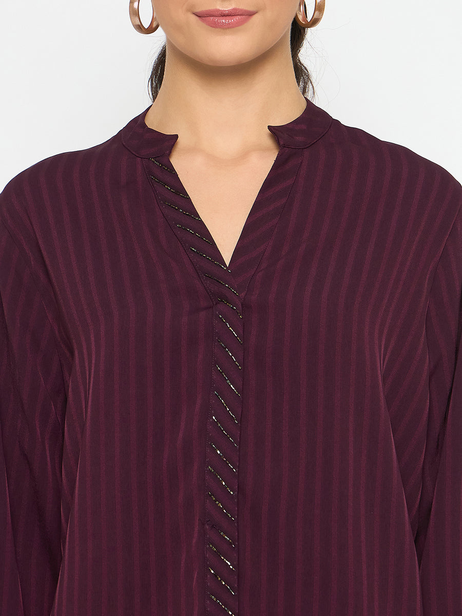 Madame Embellished Striped Cuff Sleeved Plum Top