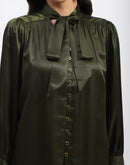 Madame Tie Up Neck Cuffed Sleeve Olive Top