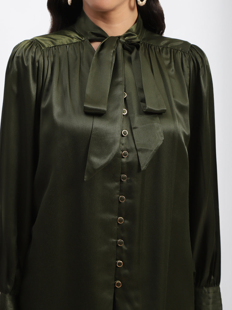 Madame Tie Up Neck Cuffed Sleeve Olive Top