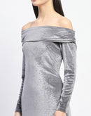 Madame Off-shoulder embellished Grey Velvet Dress