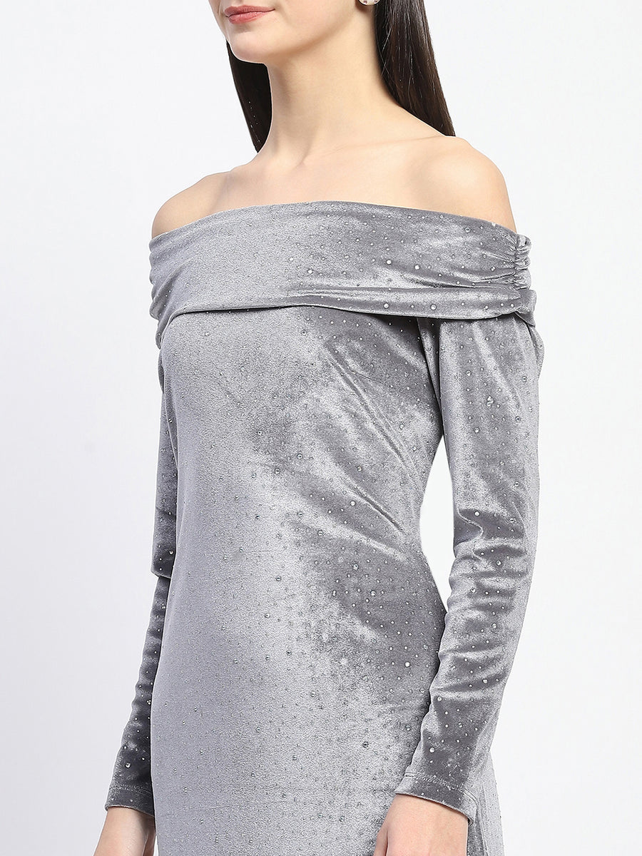 Madame Off-shoulder embellished Grey Velvet Dress