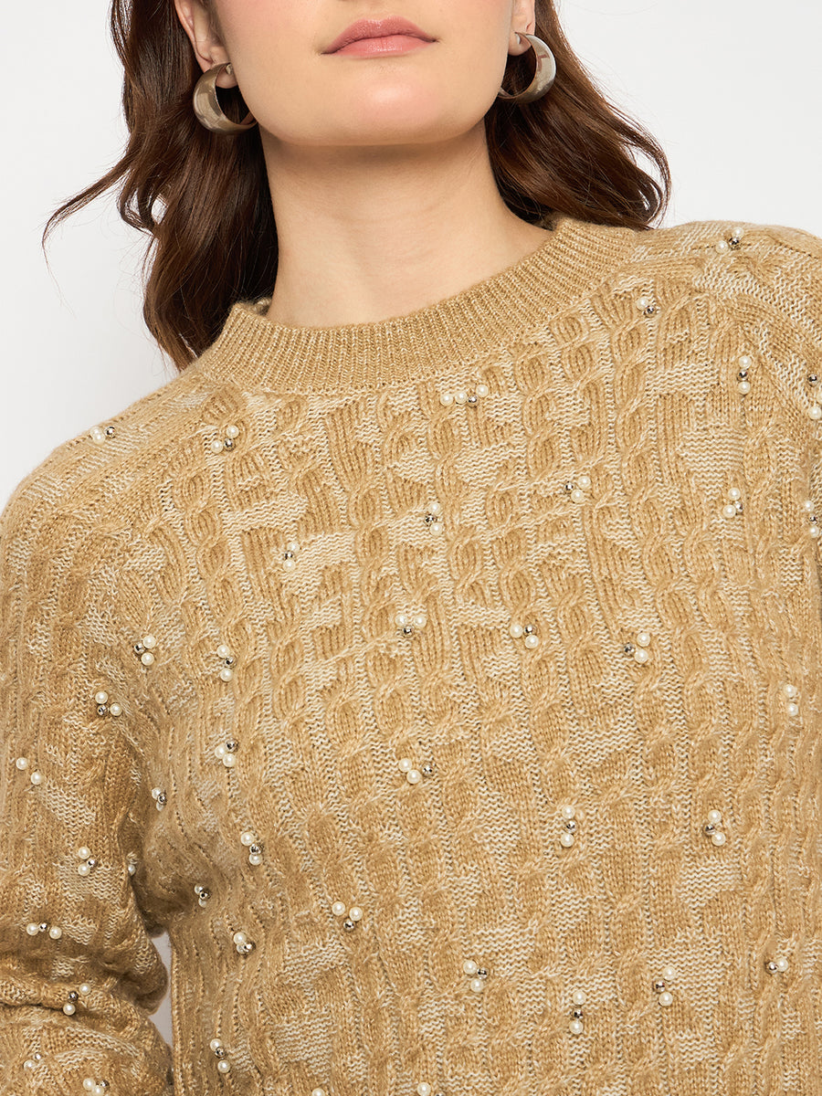 Madame Self Design Crew Neck Brown Sweater