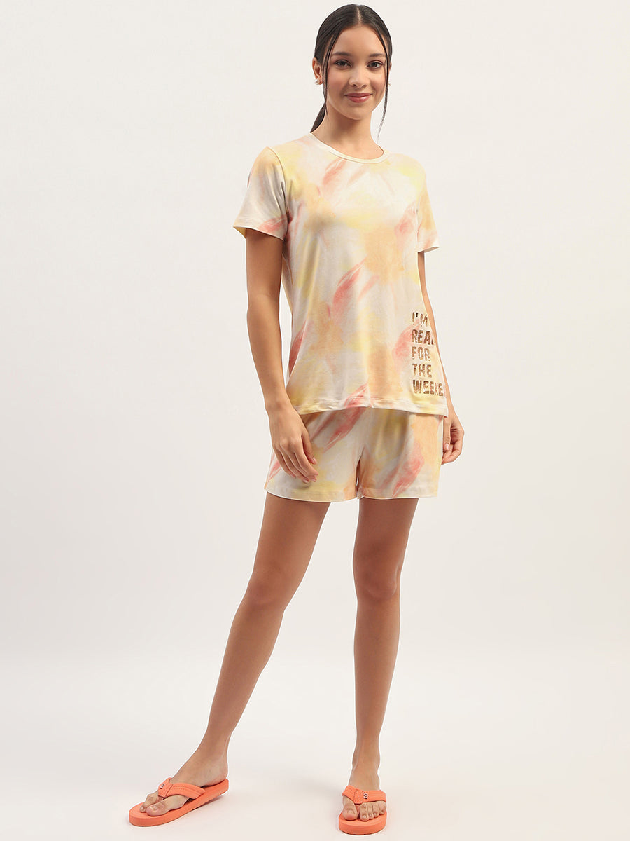 mSECRET Typography Detailing Yellow Top with Printed Pyjama and Shorts