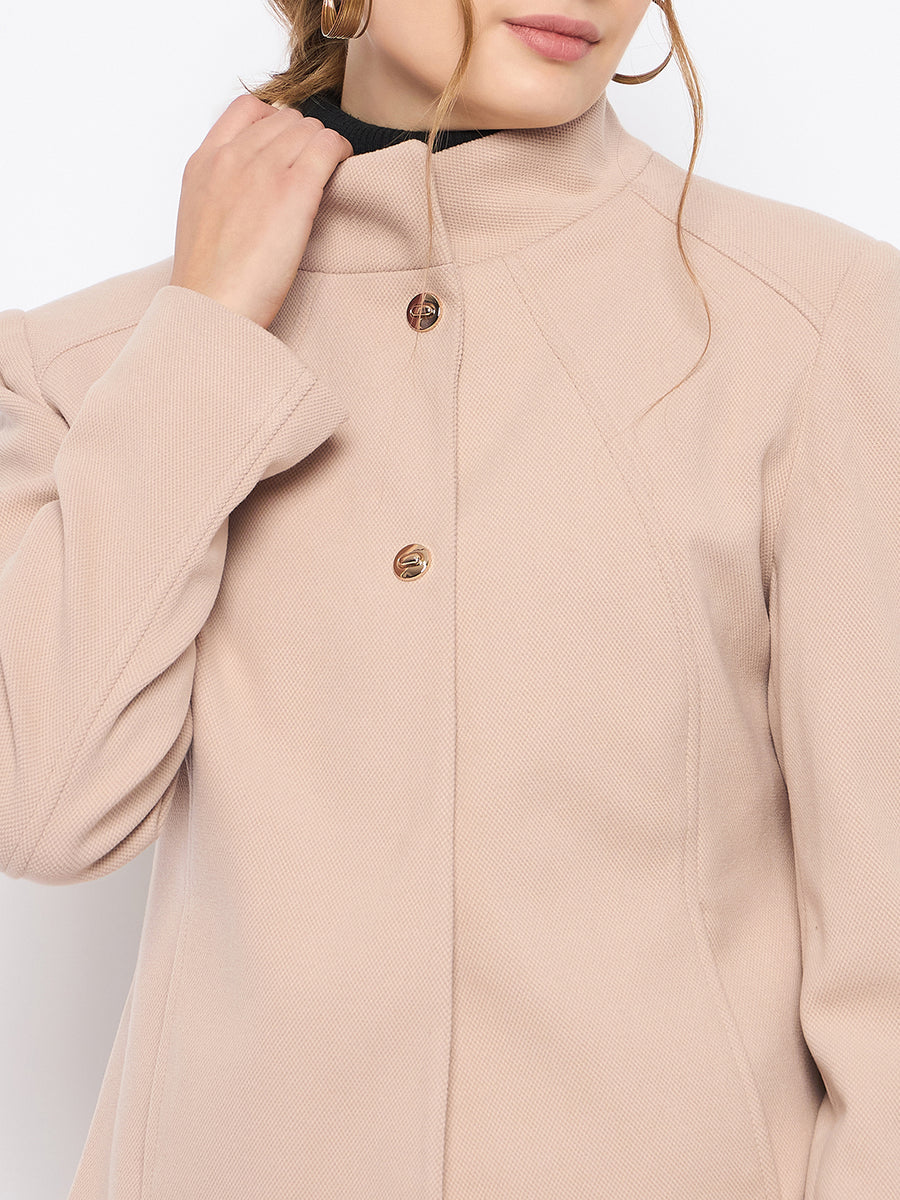 Madame Textured High Neck Beige Short Coat