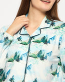 mSECRET Printed Notch Lapel Top and Bottom Teal Night Suit