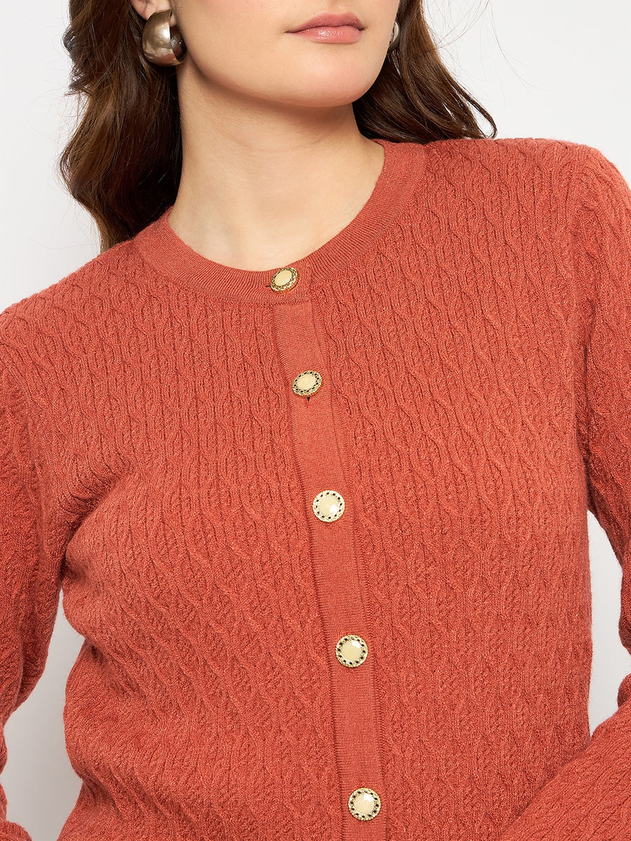 Madame Cable Knit Round Neck Rust Red Cardigan