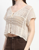 Madame Buttoned Cotton Crochet Sheer Off White Top