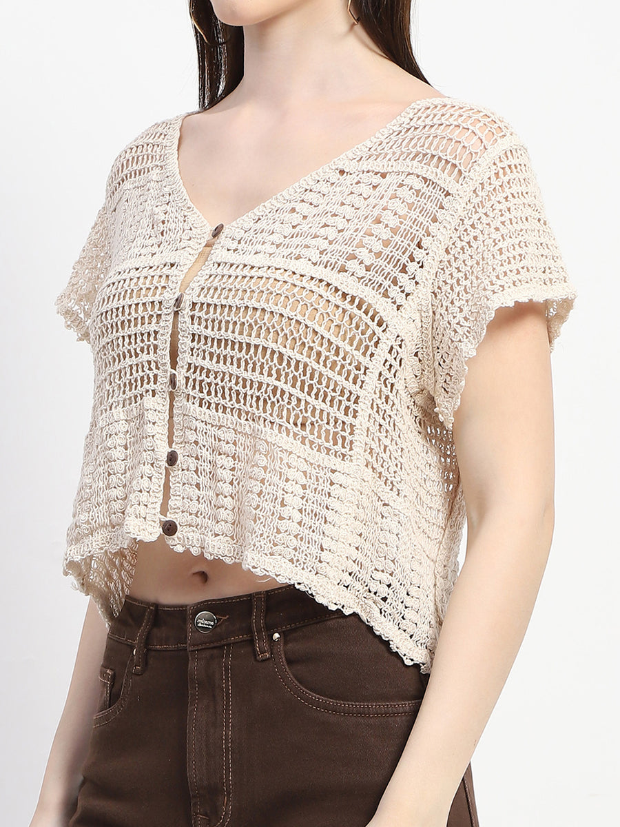 Madame Buttoned Cotton Crochet Sheer Off White Top