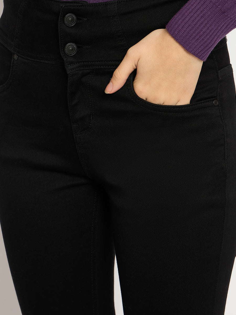 Madame Cotton Blend Double High Rise Solid Button Black Denim Jeans