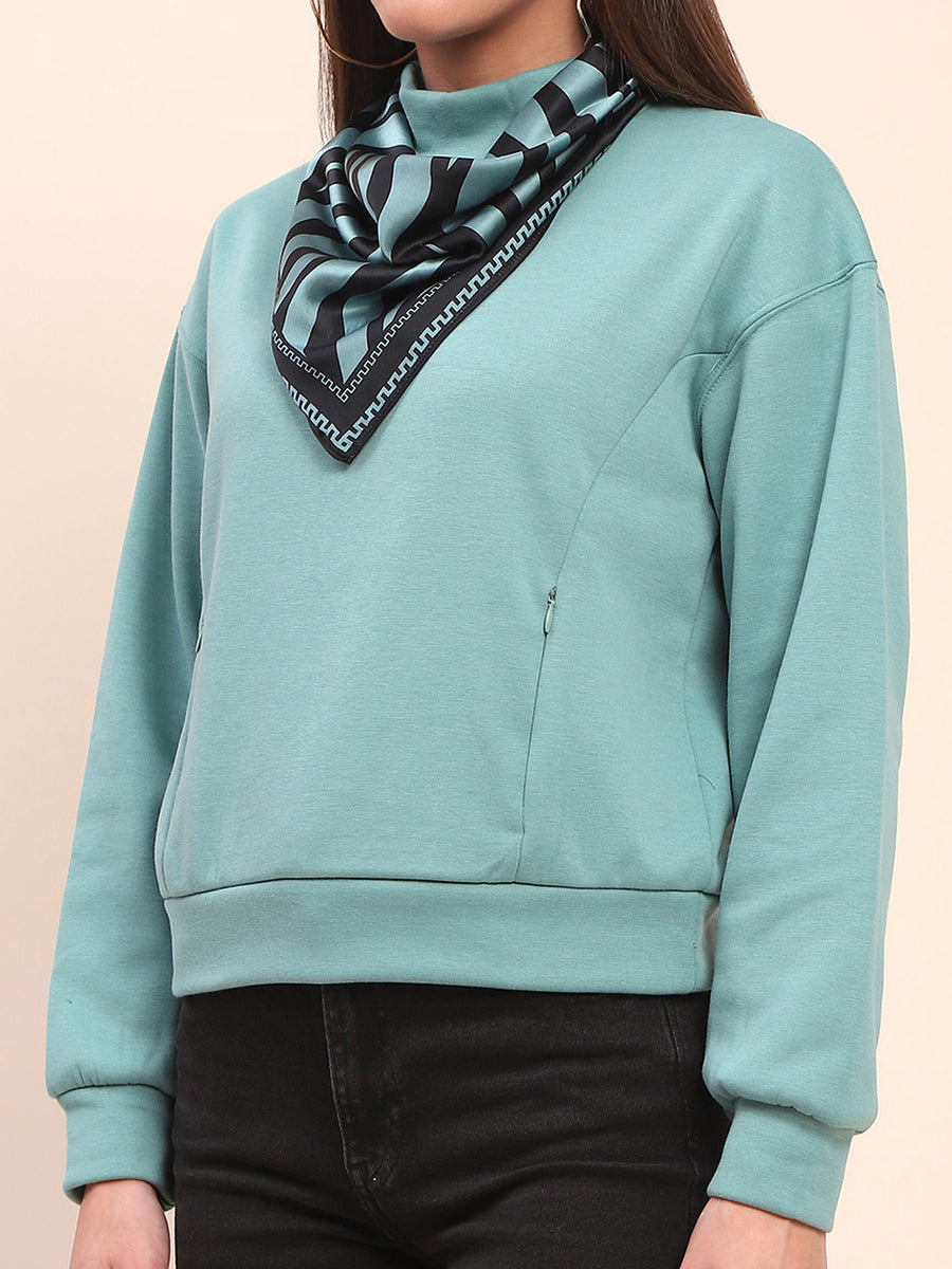 Camla Barcelona Cotton High Neck Sea Green Sweatshirt
