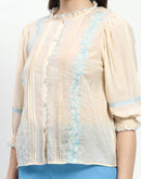 Madame Bridgerton Embroidered Mock Neck Beige Rayon Shirt