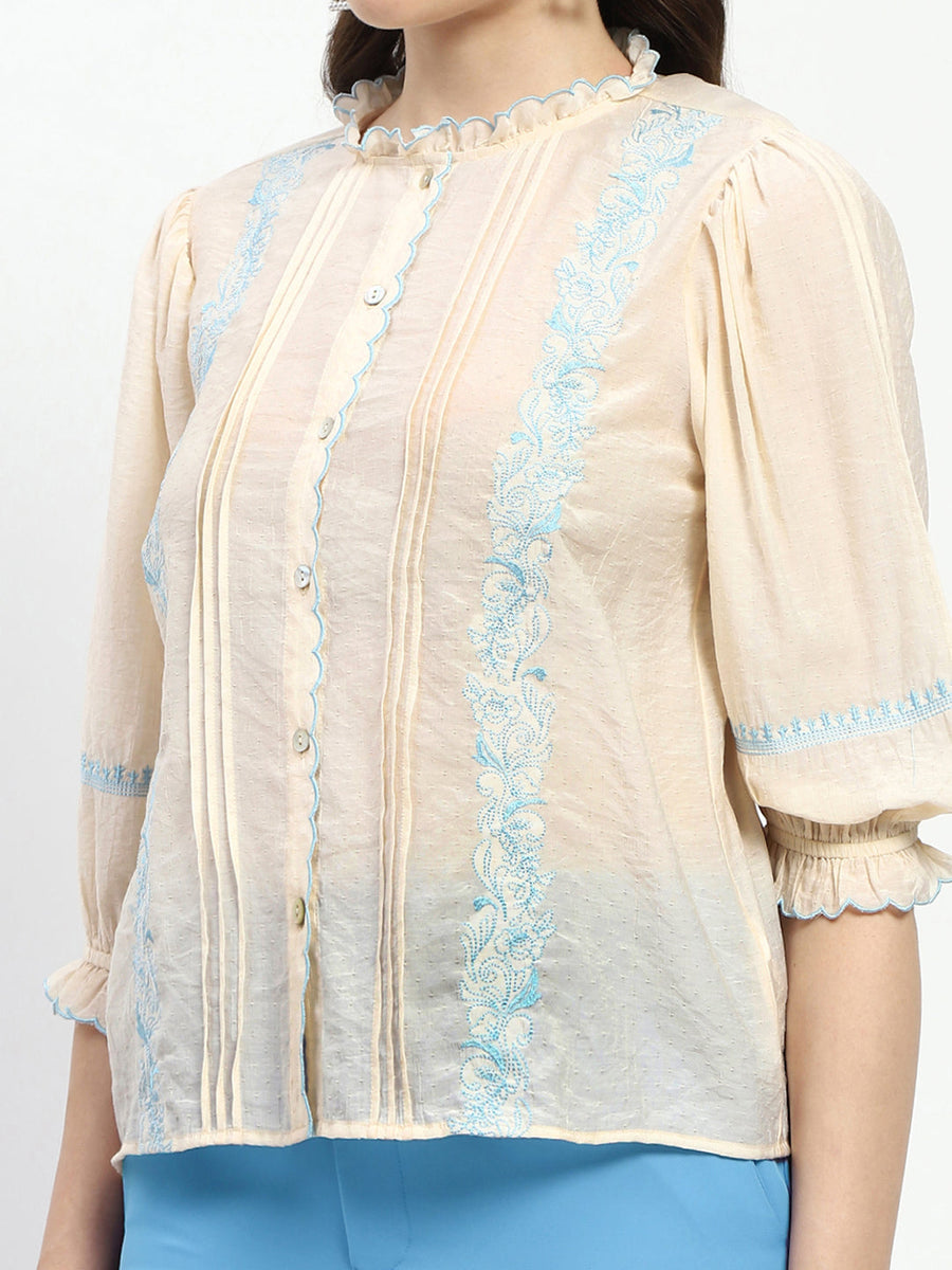 Madame Bridgerton Embroidered Mock Neck Beige Rayon Shirt