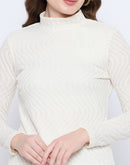 Madame Textured Mock Neck Solid Off White Top