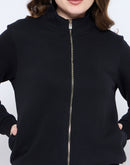 Madame Solid Black Elasticized Waist Gold Zipped Sweatshirt