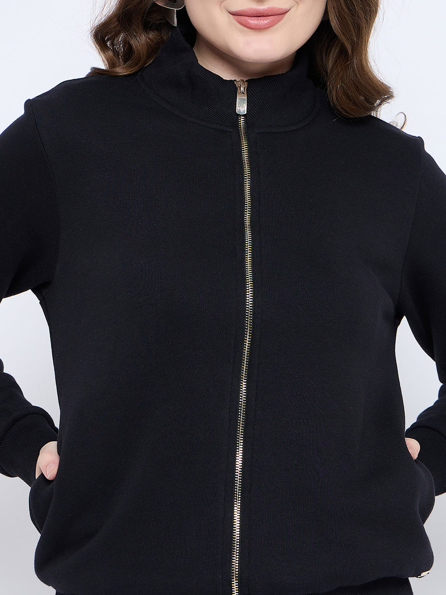 Madame Solid Black Elasticized Waist Gold Zipped Sweatshirt