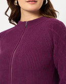 Madame Self Design Zipped Purple Sweater