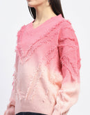 Madame Ombre Print Textured V Neck Pink Sweater