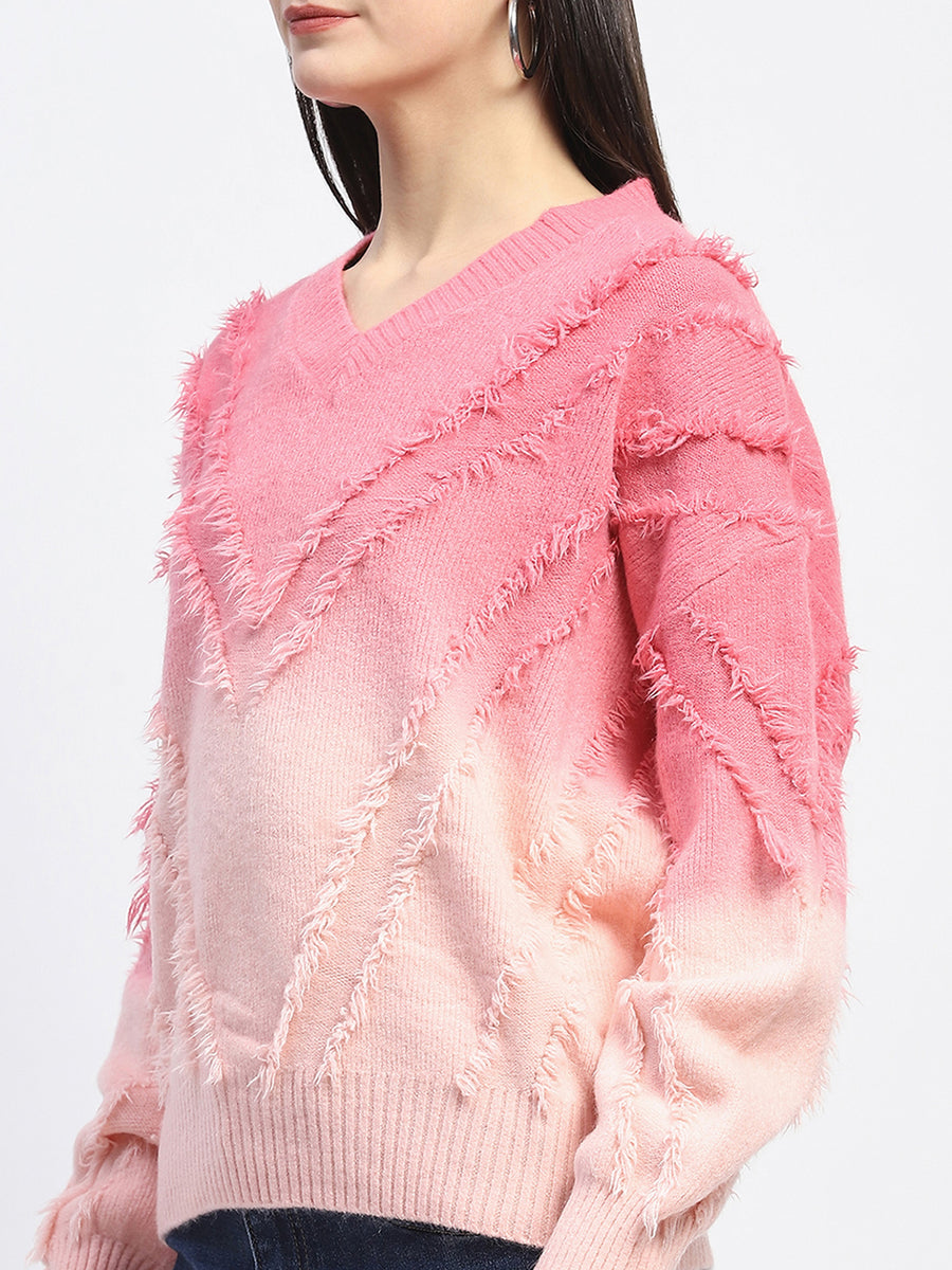 Madame Ombre Print Textured V Neck Pink Sweater