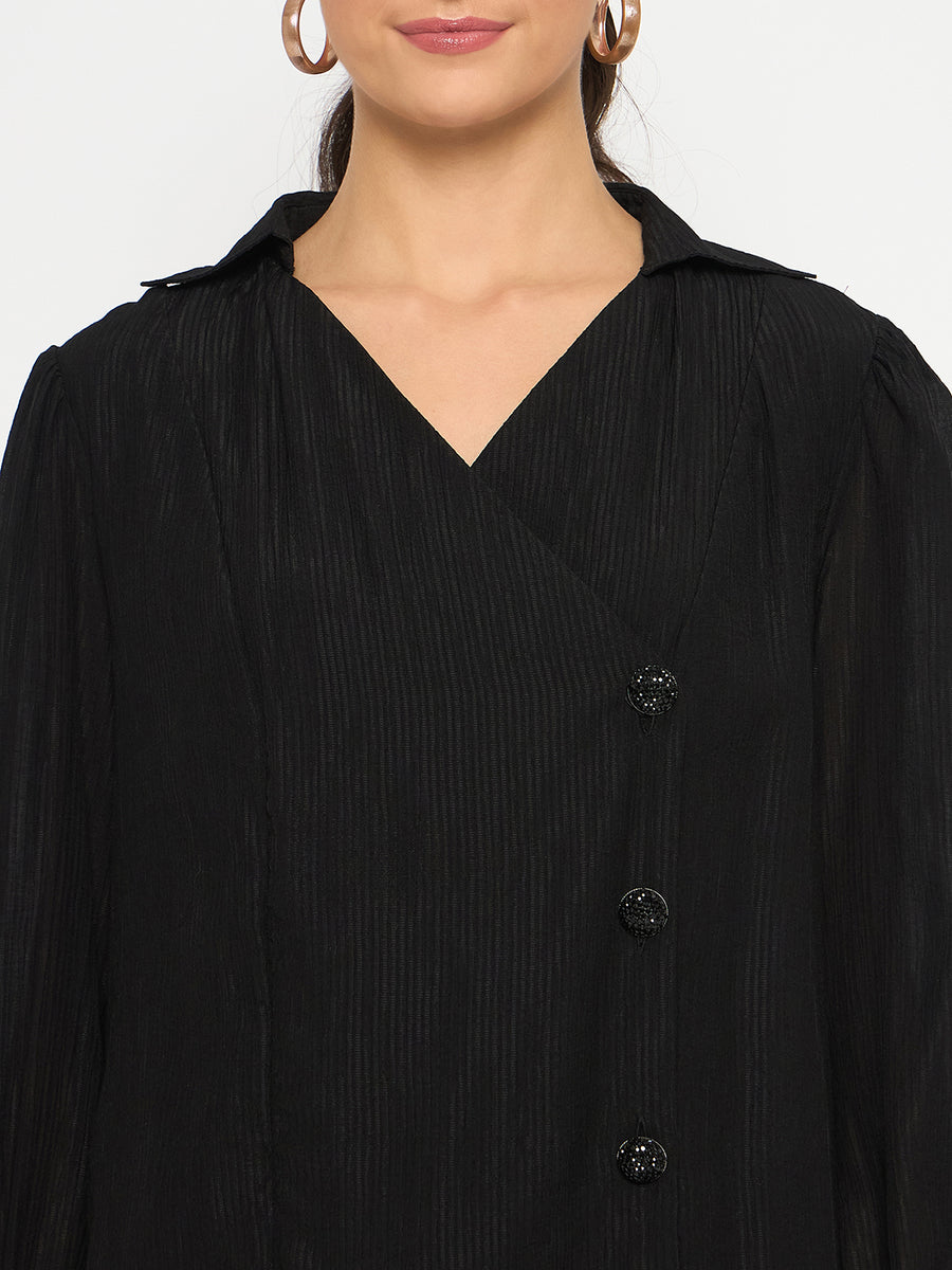 Madame Black Asymmetrical Hemline Rayon Blend Shirt