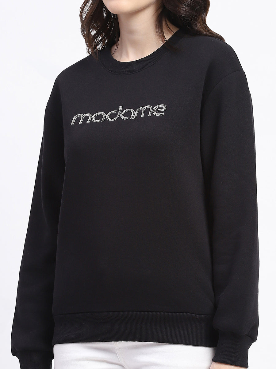 Madame Fleece Handwork And Embroidered Black Sweatshirt  For Women