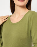 Madame Round Neck Ribbed Cuff Olive Sweater