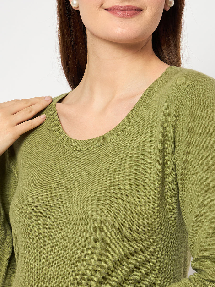 Madame Round Neck Ribbed Cuff Olive Sweater