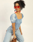 Madame Square Neck Front Button Ice Blue Denim Top