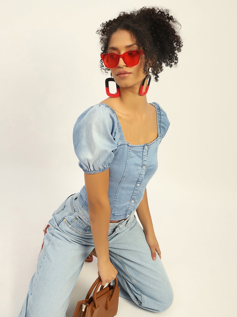 Madame Square Neck Front Button Ice Blue Denim Top