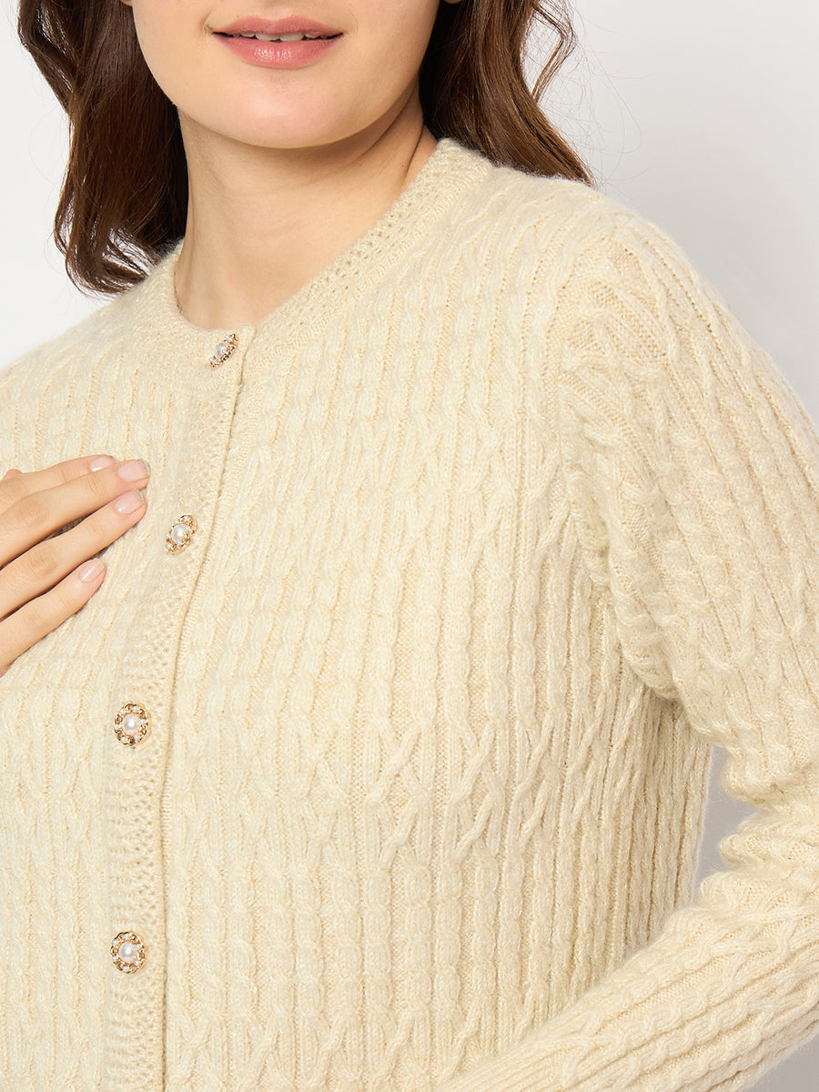 Madame Cable Knit Button Down Beige Cardigan