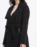 Madame Metal Zip Raw Edge Detailed Solid Black Trench Coat