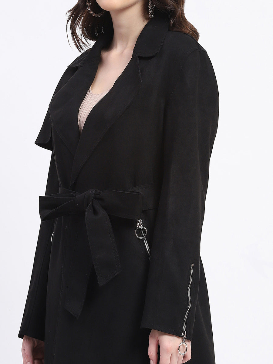 Madame Metal Zip Raw Edge Detailed Solid Black Trench Coat