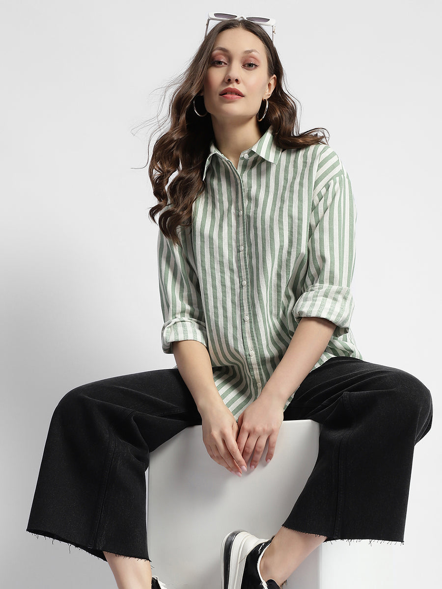 Madame Dusty Green And White Striped Regular Shirt