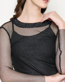 Madame Mesh Mock Neck Spaghetti Solid Black Top