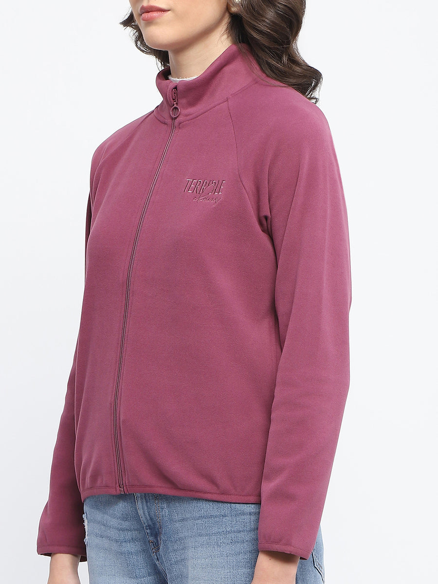 Madame Raglan Sleeve Embroidered Plum Zipped Sweatshirt