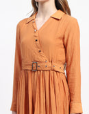 Madame Pleated Cotton Blend Orange Shirt Dress