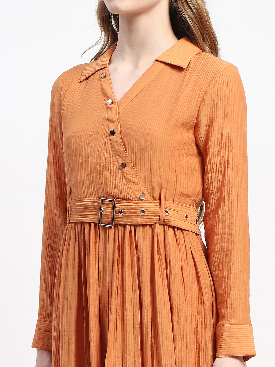 Madame Pleated Cotton Blend Orange Shirt Dress