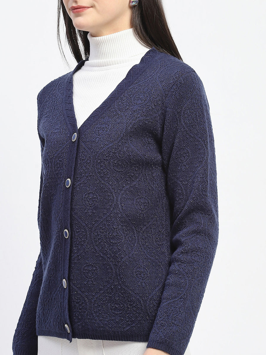 Madame V Neck Buttoned Navy Blue Cardigan