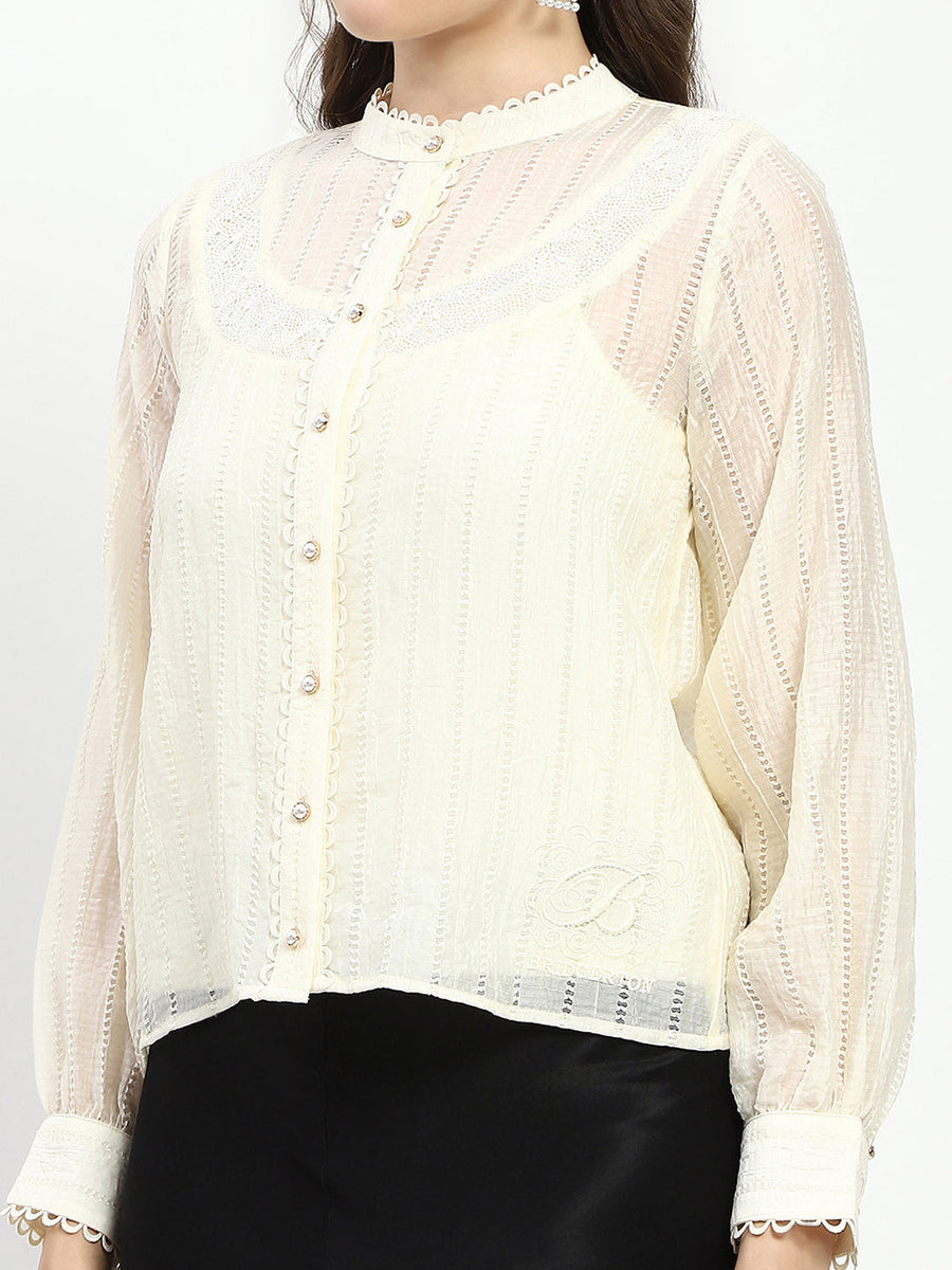 Madame Bridgerton Embroidered Lacework Beige Tencel Shirt