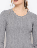 Madame Scalloped Neck Solid Grey Sweater