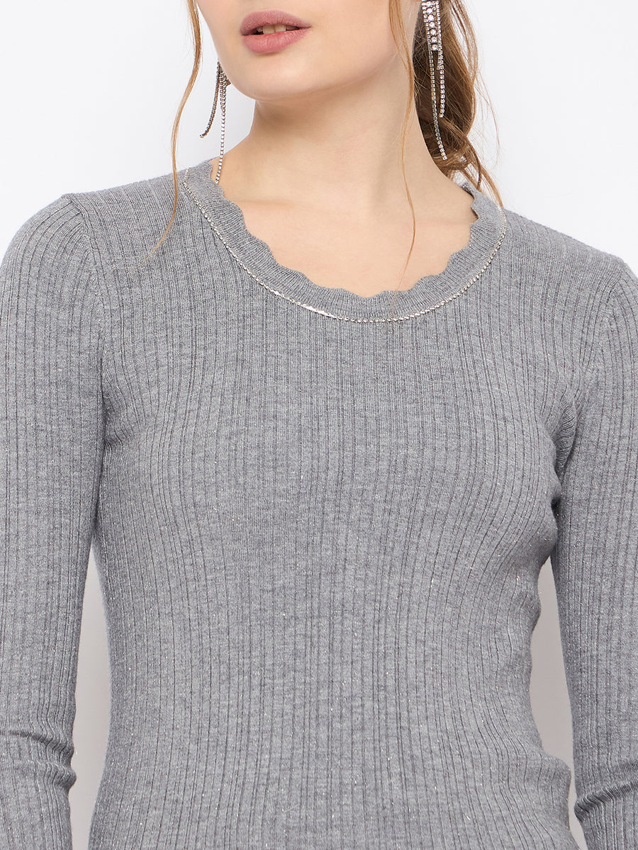 Madame Scalloped Neck Solid Grey Sweater