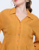 Madame Pleat Detailed Pearl Buttoned Solid Mustard Yellow Shirt