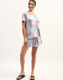 mSECRET Tie Dye Effect Print Mauve Top with Printed Pyjama and Shorts Set