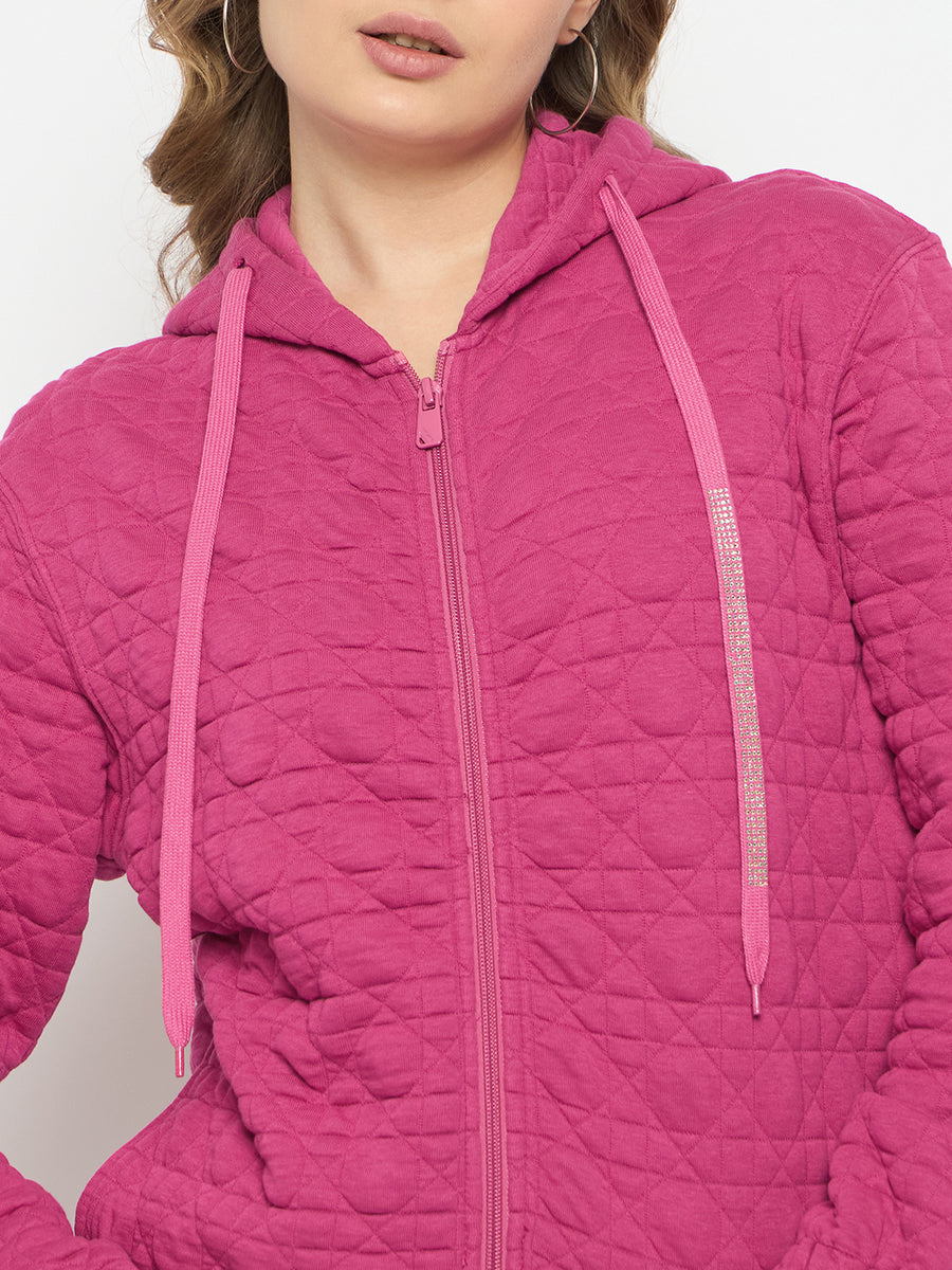 Madame Cotton Blend Self-Textured Zipped Hot Pink Sweatshirt